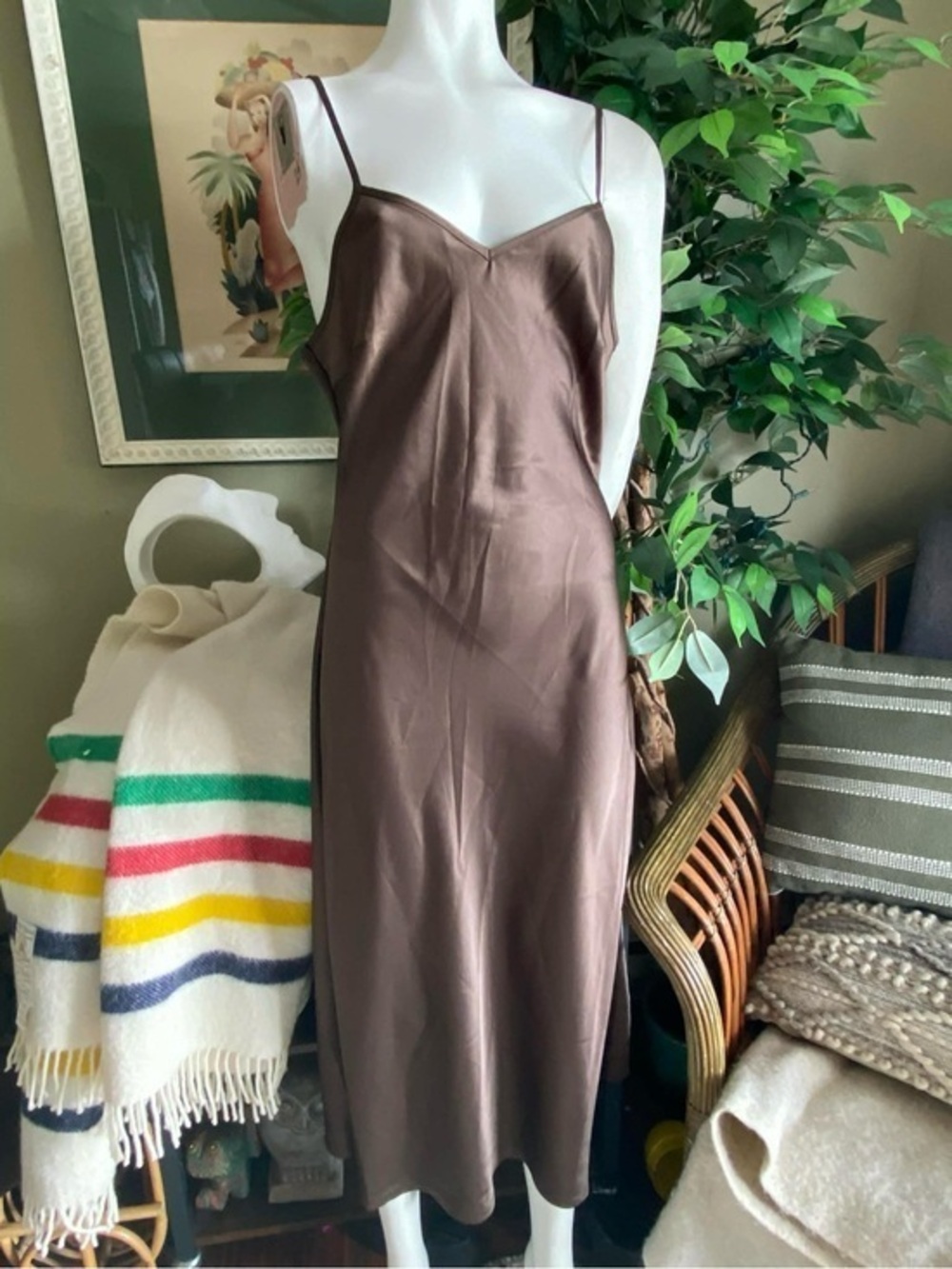 Slip Satin Midi Dress in Brown